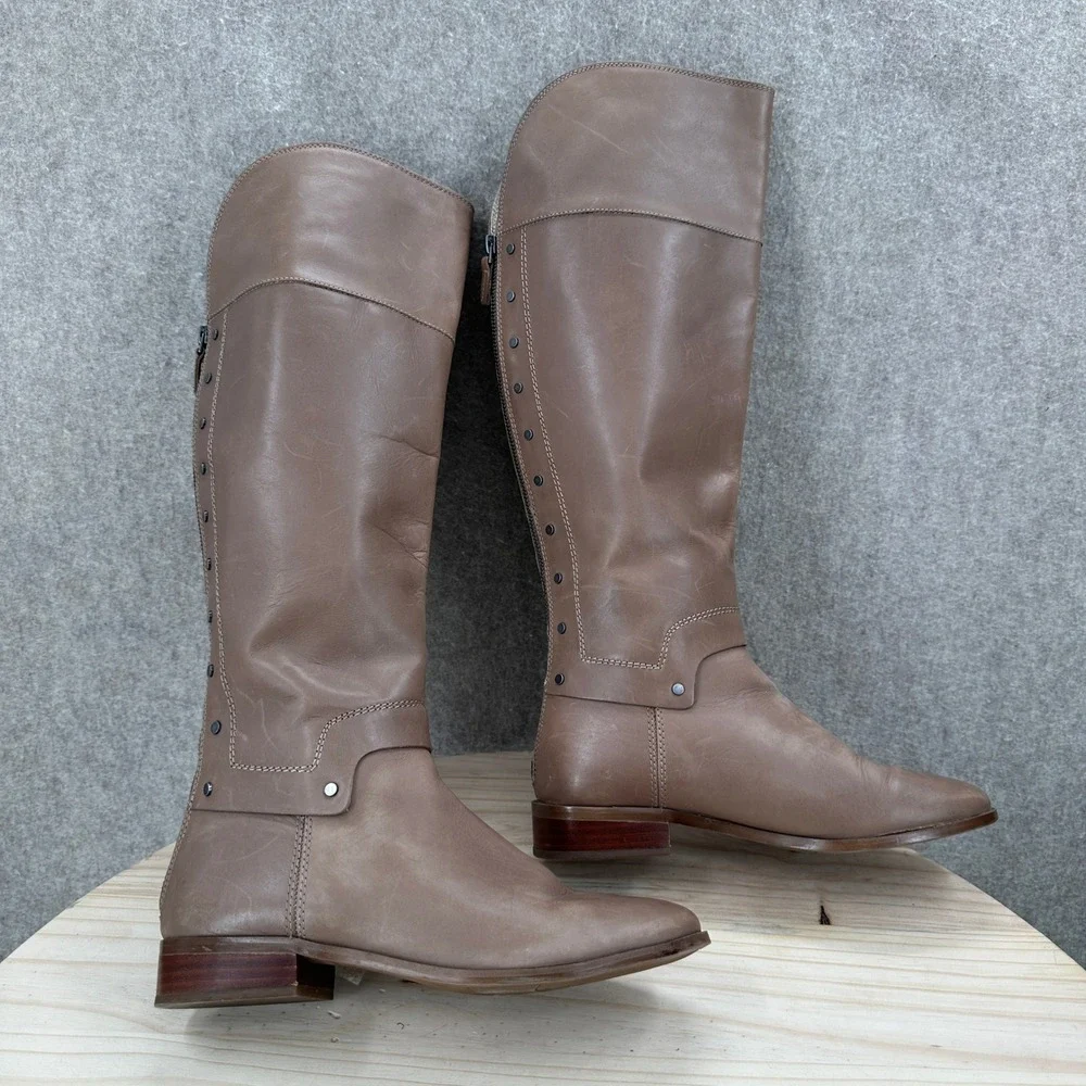Franco Sarto Roxana Riding Boots 7 Brown Leather Studded Back Zip Over The Knee